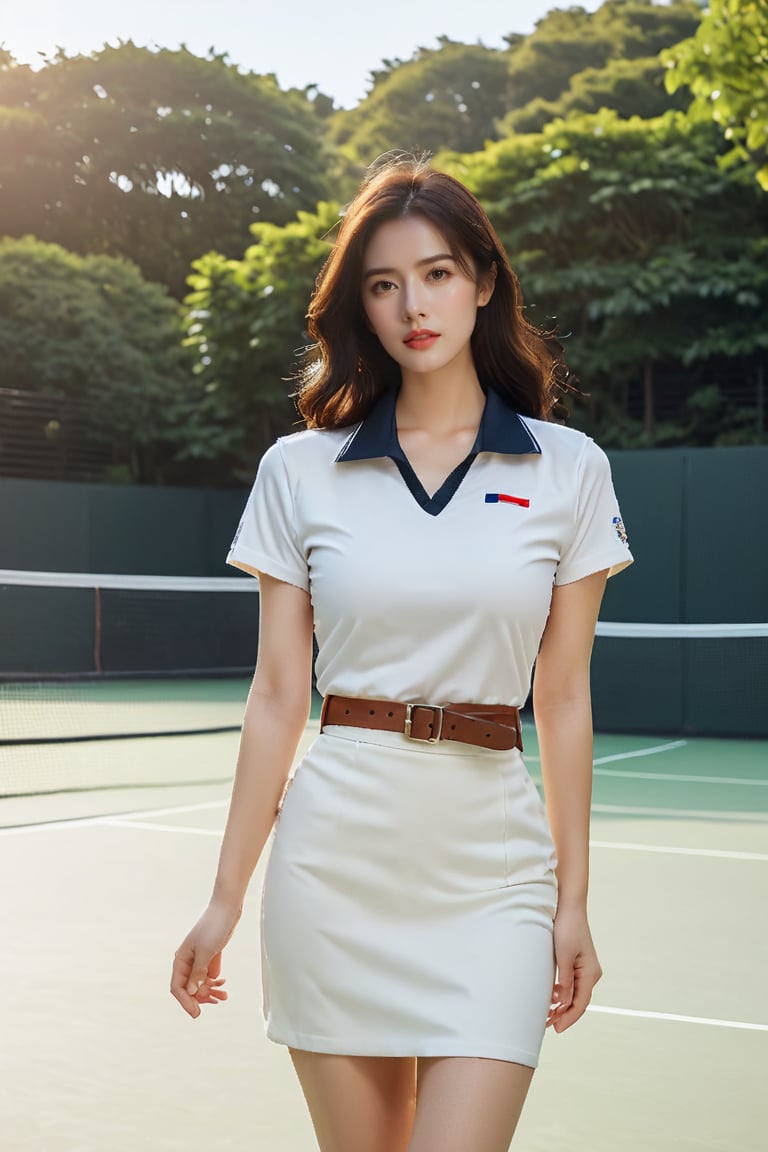 A half-Korean European woman exudes confidence while posing on a minimalist outdoor court,  bathed in soft white light tha...