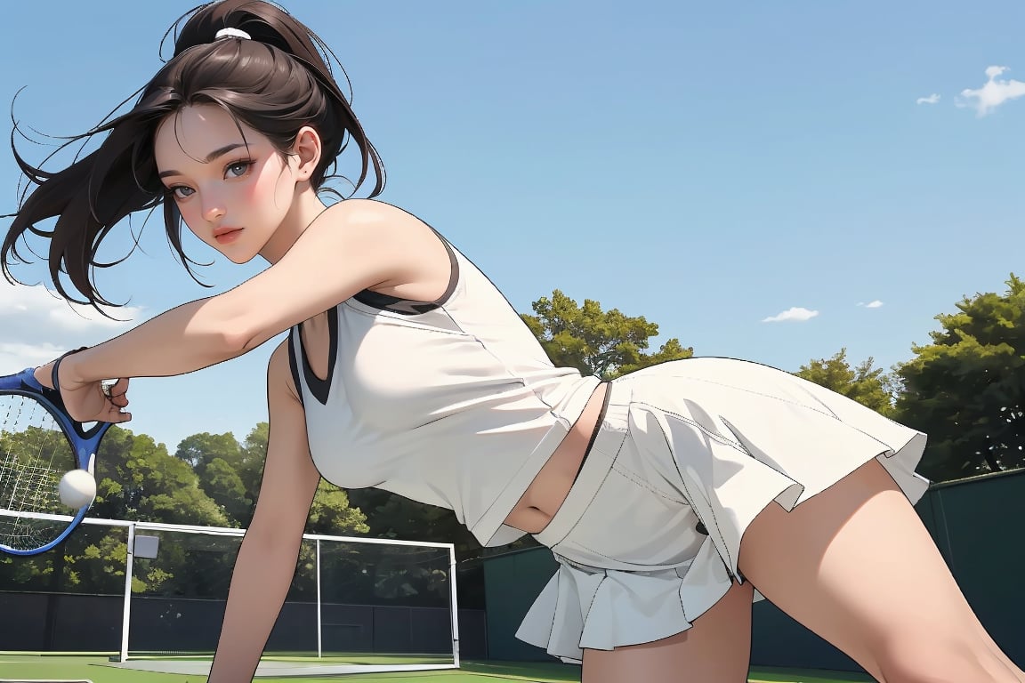 "A half-Asian,  half-Russian girl with pale white skin stands confidently on a minimalist outdoor tennis court. Her brown...