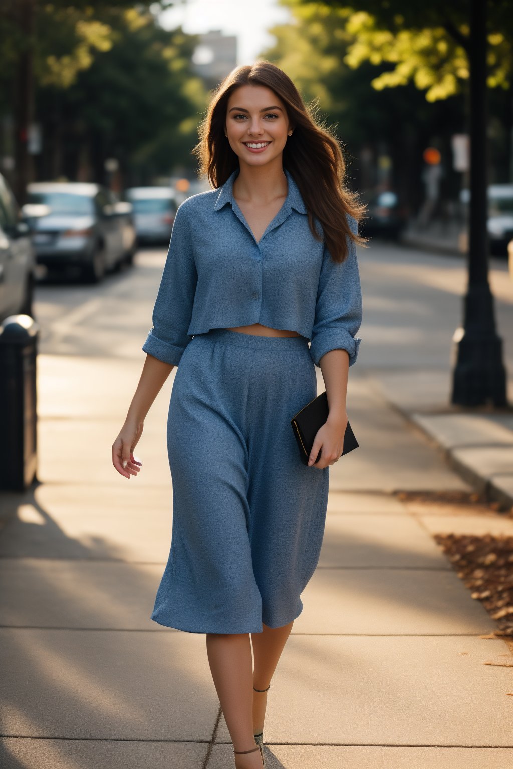 A serene cityscape recedes into soft focus as a 21-year-old beauty, radiant with an effortless elegance, glides down the sunlit street. Her long golden hair flows behind her like a river, complemented by the warm afternoon light that accentuates her bright smile and piercing blue eyes. She takes leisurely strides in high heels, her confidence evident in every step as she becomes lost in thought.