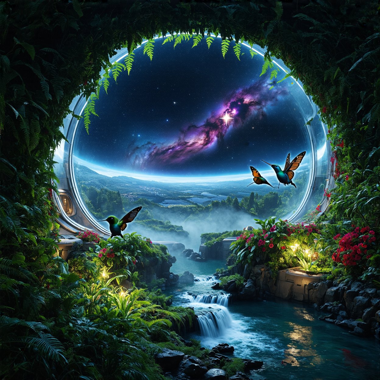 photoultrarealistic style of a a hyperrealistic photography of a Inside the dome of a spaceship colony, lush vegetation thrives with vibrant flowers in shades of purple, red, and gold. Emerald vines intertwine with ferns, and floating gardens hover gracefully. Glowing bioluminescent plants illuminate the surroundings, attracting butterflies and hummingbirds. Crystal streams meander through the landscape, leading to misty waterfalls. Through the transparent dome, the starry expanse of space is visible, featuring a colorful nebula and a distant view of Earth. ultra detailed, ultra realistic, with dramatic polarizing filter, sharp focus, HDR, 64K, 16mm, color graded portra 400 film, remarkable color, 
hyperrealistic,