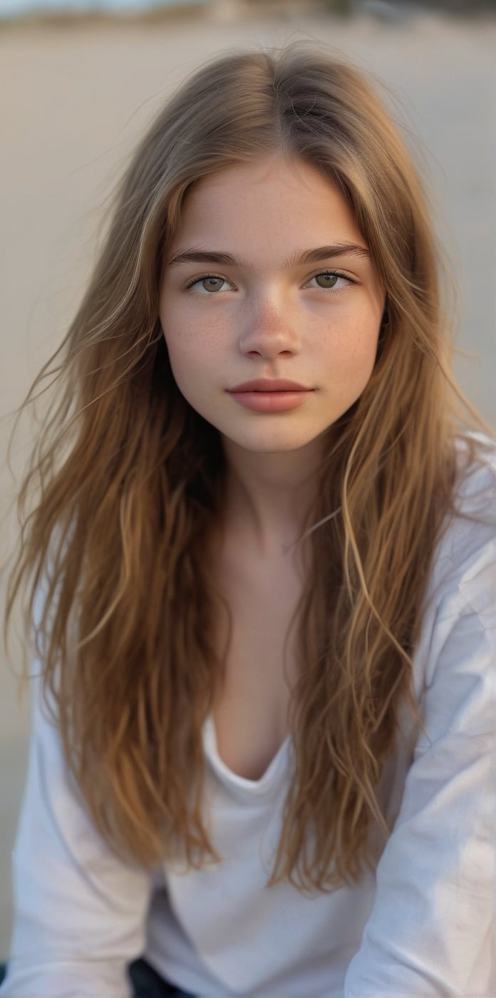 An 14-year-old young Girl,  with porcelain skin and luscious brown locks,  sits calmly in a medium shot by Sanipine on Ten...