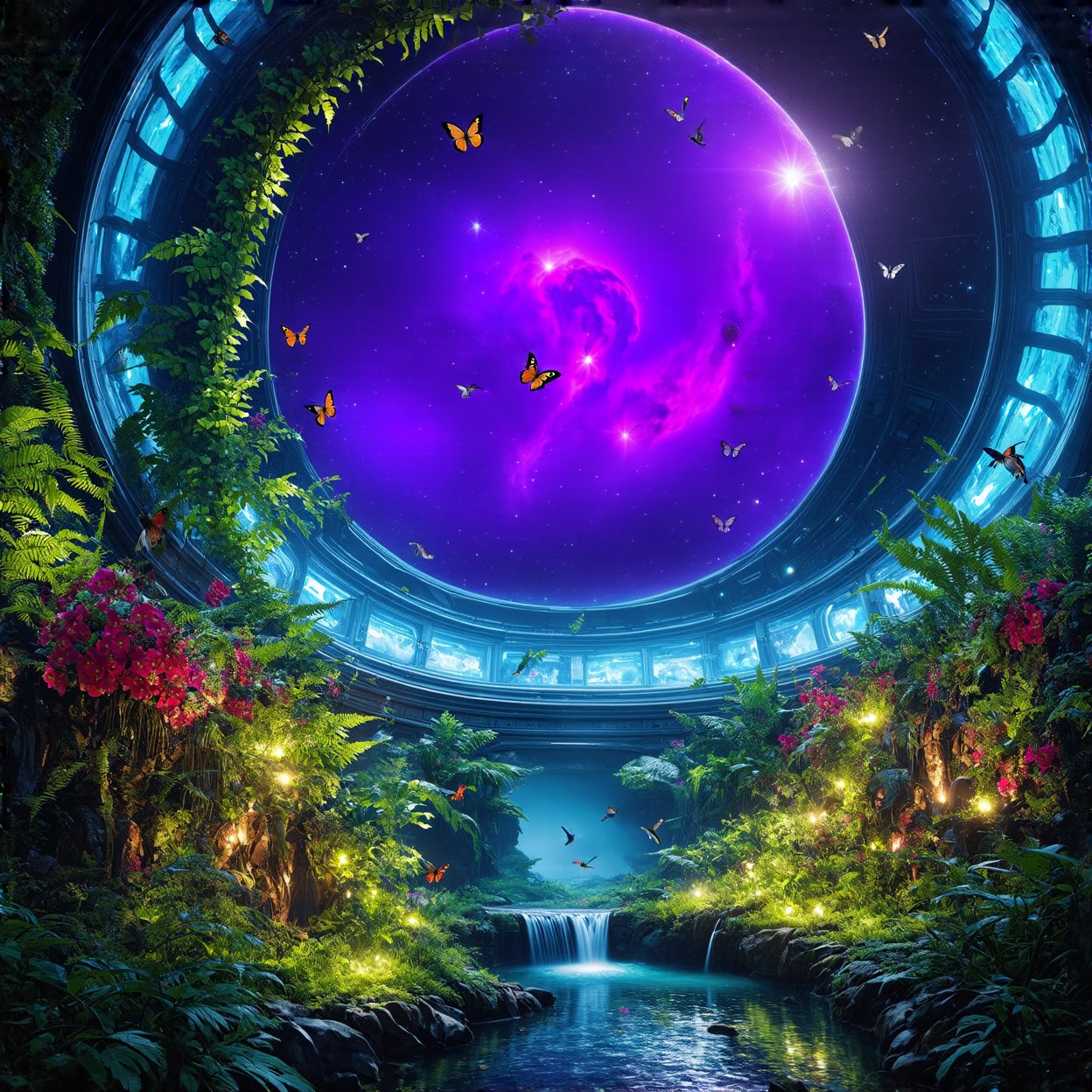 photoultrarealistic style of a a hyperrealistic photography of a Inside the dome of a spaceship colony, lush vegetation thrives with vibrant flowers in shades of purple, red, and gold. Emerald vines intertwine with ferns, and floating gardens hover gracefully. Glowing bioluminescent plants illuminate the surroundings, attracting butterflies and hummingbirds. Crystal streams meander through the landscape, leading to misty waterfalls. Through the transparent dome, the starry expanse of space is visible, featuring a colorful nebula and a distant view of Earth. ultra detailed, ultra realistic, with dramatic polarizing filter, sharp focus, HDR, 64K, 16mm, color graded portra 400 film, remarkable color, 
hyperrealistic,