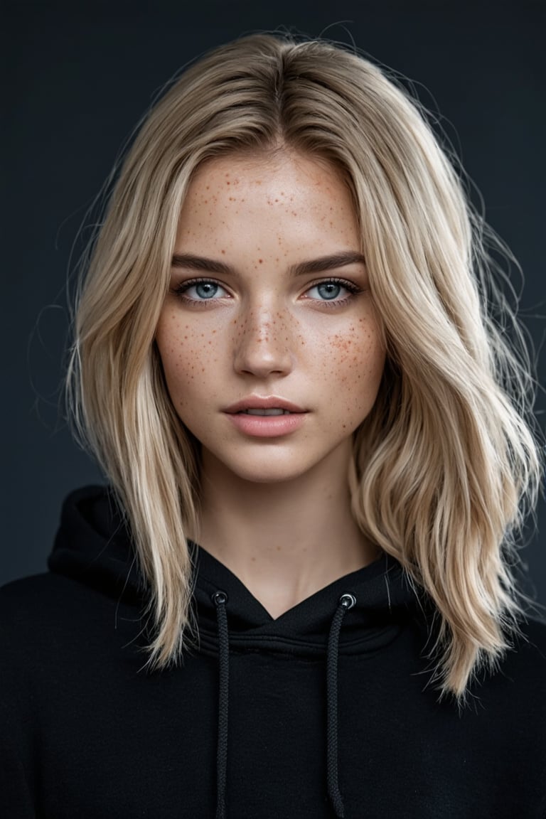 masterpiece portrait, Hyperrealistic, stunning beauty russian, high detail, cinematic photo Medium format photography, Anime girl digital artwork, A woman in her 20s, looking at the camera, she has freckles, blue eyes, she has Lush blonde hair, wearing a black hoodie, highly detailed, best quality, 8k uhd, Nikon 70d, ISO200, F/2.8, 1/25sec, 70mm . 35mm photograph, film, bokeh, professional, 4k, highly detailed