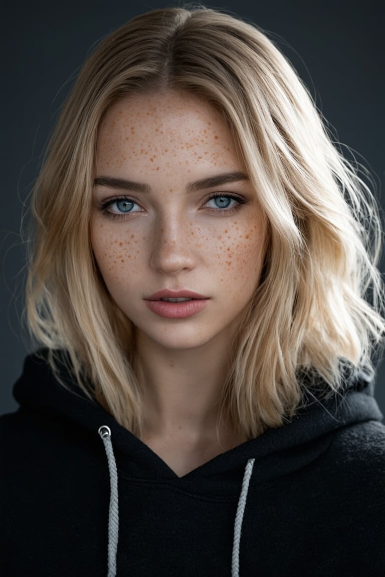 masterpiece portrait, Hyperrealistic, stunning beauty russian, high detail, cinematic photo Medium format photography, Anime girl digital artwork, A woman in her 20s, looking at the camera, she has freckles, blue eyes, she has Lush blonde hair, wearing a black hoodie, highly detailed, best quality, 8k uhd, Nikon 70d, ISO200, F/2.8, 1/25sec, 70mm . 35mm photograph, film, bokeh, professional, 4k, highly detailed