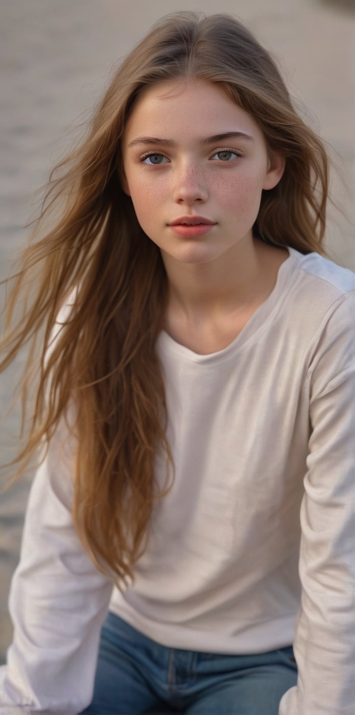 An 14-year-old young Girl,  with porcelain skin and luscious brown locks,  sits calmly in a medium shot by Sanipine on Ten...
