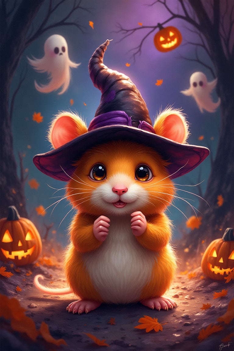 Create an abstract, energetic rendering of a Halloween night where whimsical shapes and vibrant colors swirl around a super cute little bear dressed in a tiny witch's hat. The scene should feel like a burst of creativity, with bold brushstrokes that capture the movement and joy of the Halloween festivities. The hamster, central to the composition, should be rendered in an exaggerated, playful manner, with oversized eyes and a fluffy tail, giving it a fantastical appeal. The background should be a dynamic blend of oranges, purples, and blacks, suggesting the eerie yet festive spirit of Halloween, with ghostly figures and floating pumpkins dancing in the air.