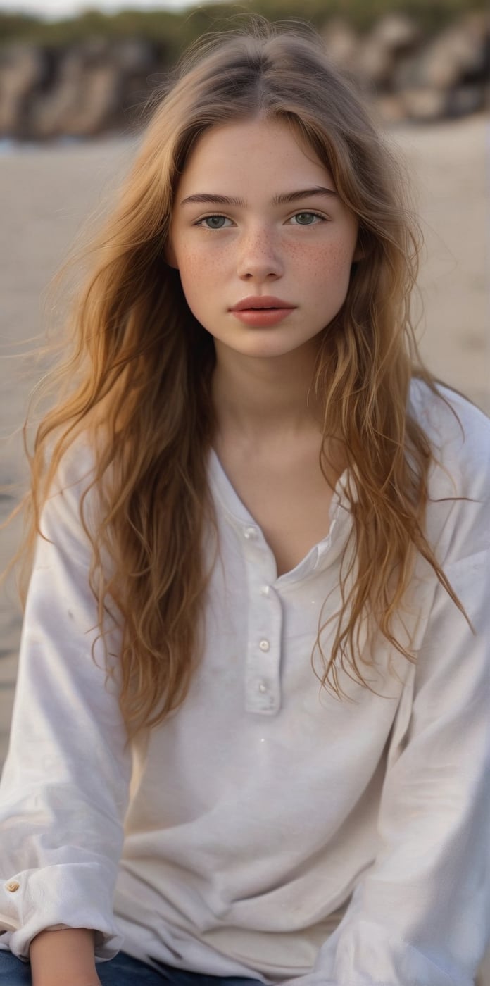 An 14-year-old young Girl,  with porcelain skin and luscious brown locks,  sits calmly in a medium shot by Sanipine on Ten...