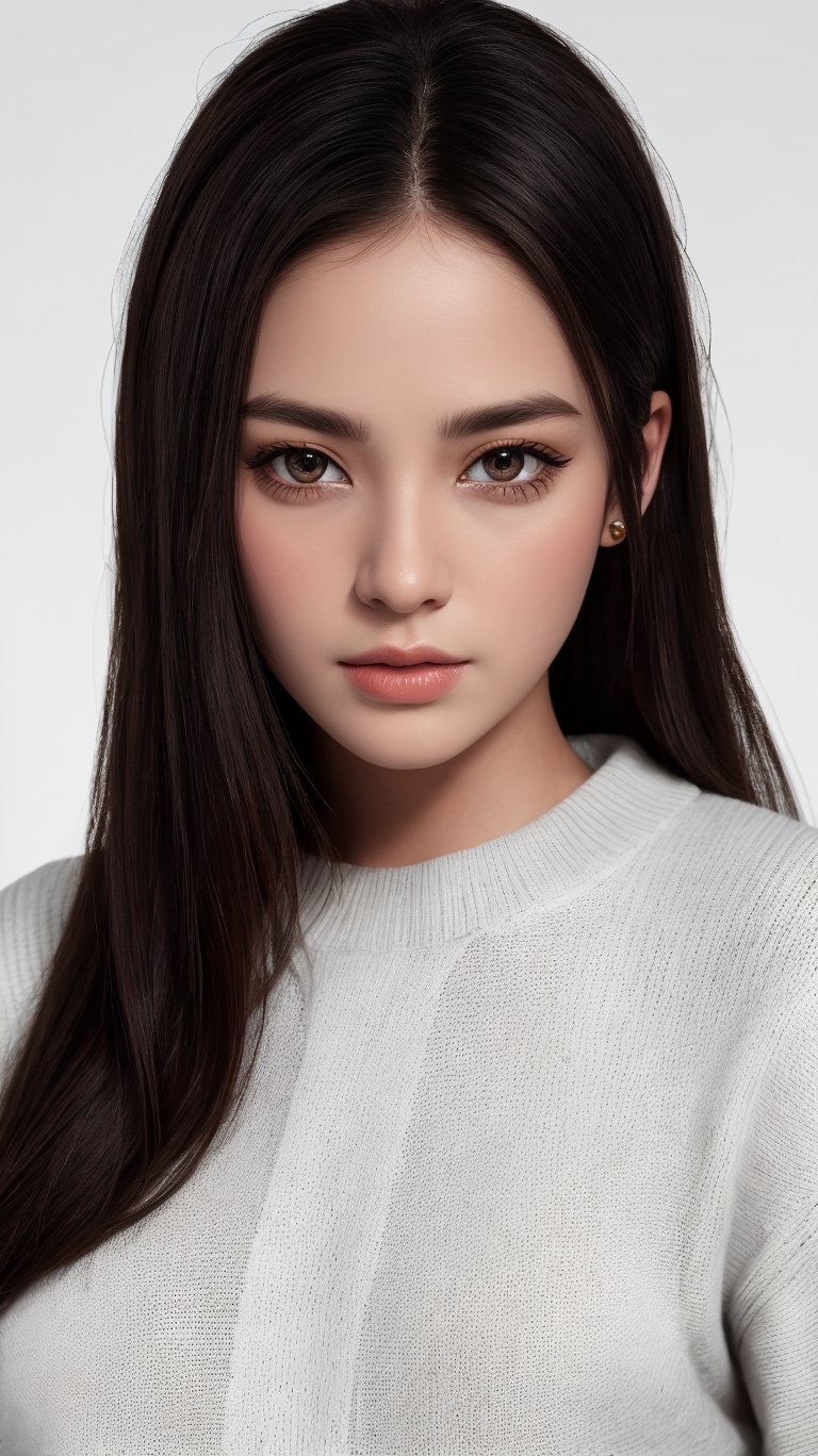 raytracing, absurdres, ultra detailed, 8k raw,
1girl,eyes,nose,lips,
sweater,white background,