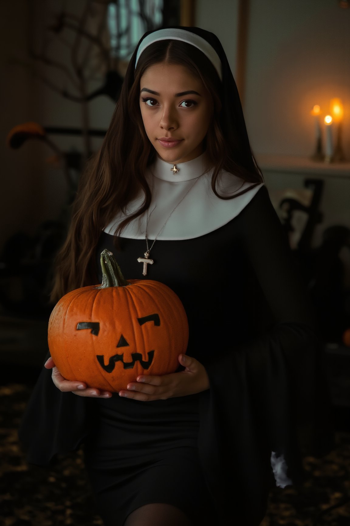 a young woman with long dark brown hair, beautiful young woman wearing nun dress, in a creepy dark room with dim light holding jack-o-lantern,veil,black dress,cross neclace