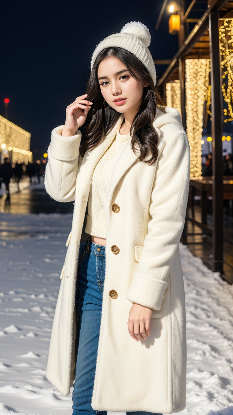 cute girl, long hair, fashion winter coat, big coat, Wear a coat over a hoodie, standing looking up snow is falling, winter night city, snowing, 4K, ultra HD, RAW photo, realistic, masterpiece, best quality, beautiful skin, white skin, 50mm, medium shot, outdoor, half body, photography, Portrait, ,chinatsumura, high fashion, snowflakes, dynamic light, warm lights, christmas lights, festival atmosphere