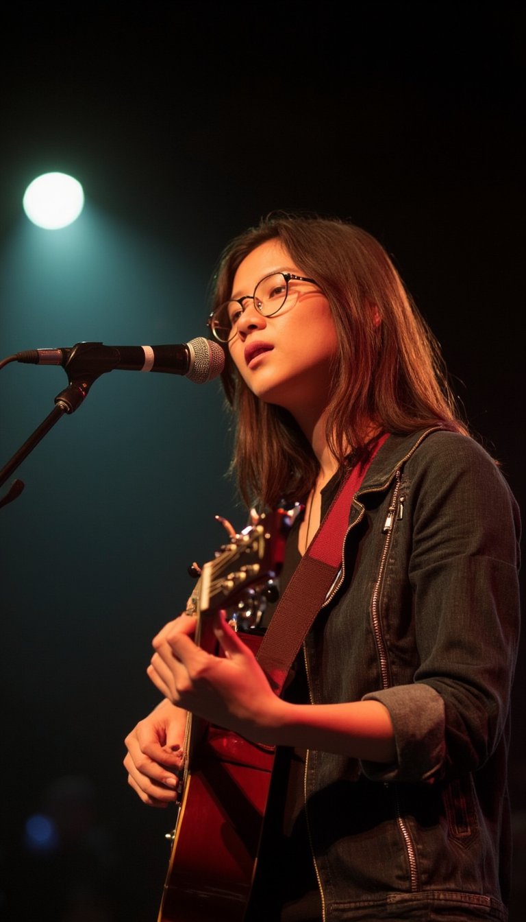 A close-up shot of a youthful female musician, bespectacled and confident, strums her guitar with skill as she belts out a soulful melody on a dimly lit concert stage. The spotlight shines down, casting a warm glow on her expressive face and the instrument in her hands.