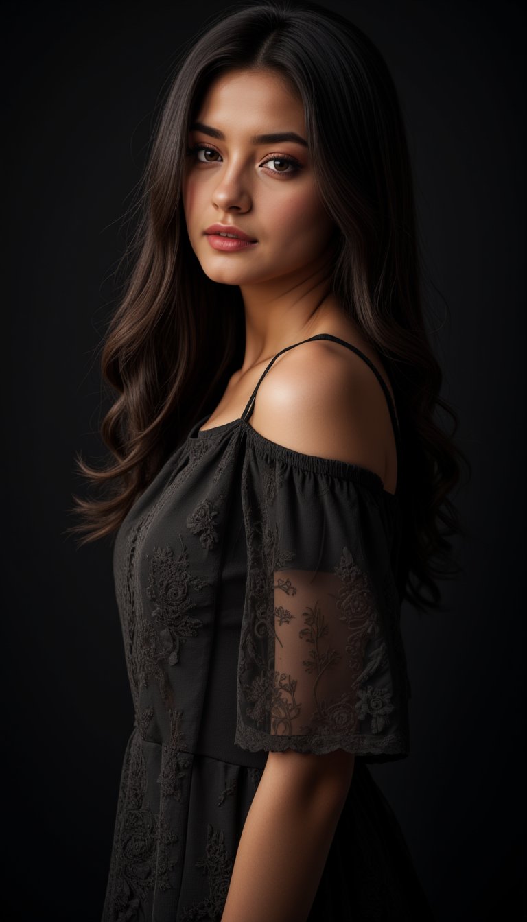 a young woman with long dark brown hair, beautiful young woman wearing sheer dress, dark background, perfect lighting