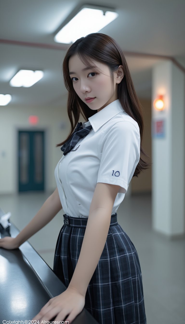 A close-up shot of a single girl, dressed in a crisp office uniform, stands confidently in front of a sleek office bench. The bright fluorescent lighting above casts a warm glow on her school uniform, highlighting the stitching and creases. Her pose is strong and assertive, with one hand resting lightly on the edge of the bench as she looks directly at the camera.