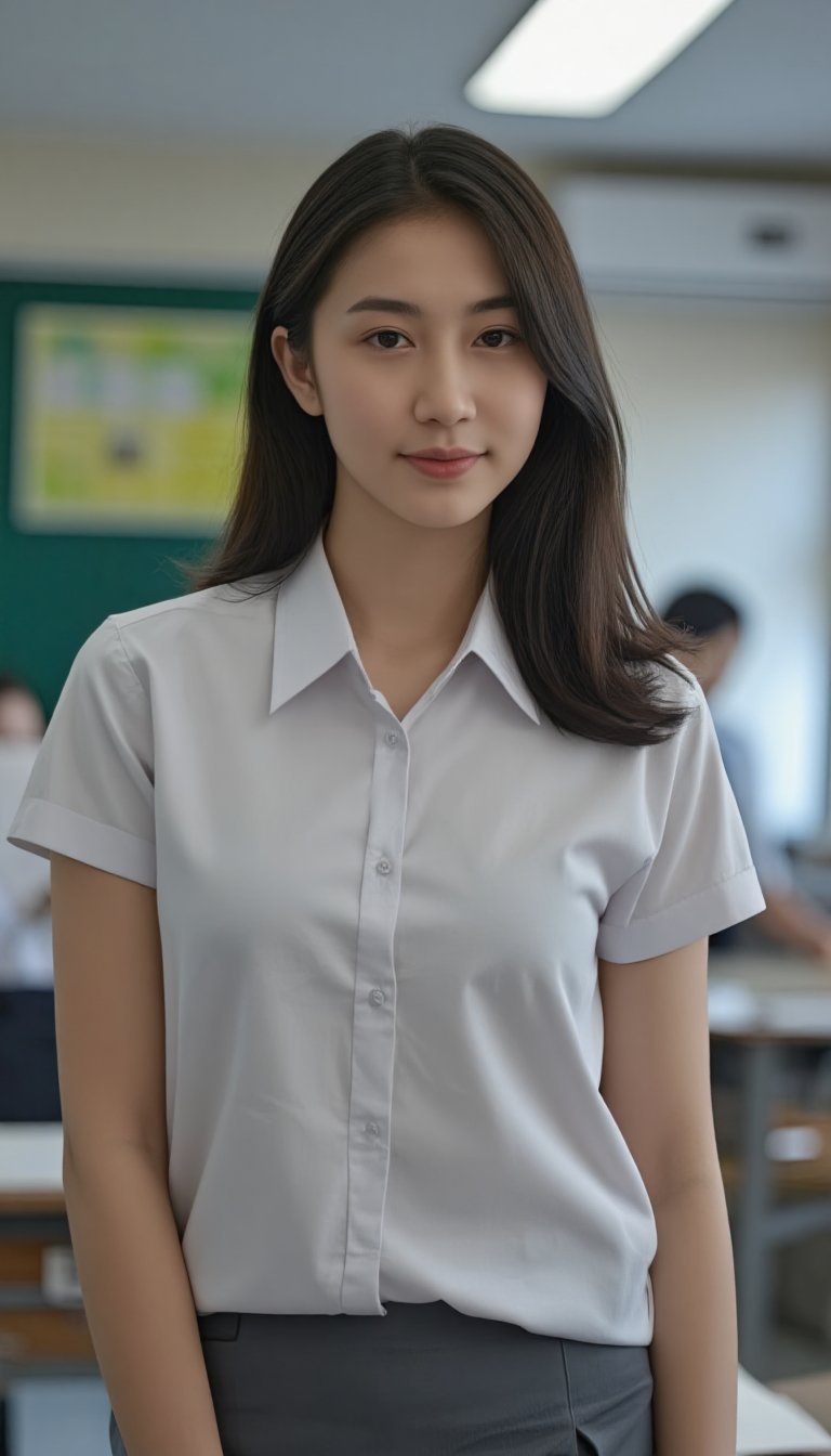 high detailed photography of a woman standing in the classroom, full body portrait, long hair, wearing white shirt, grey short skirt, school uniform, sma, looking at viewer, octane render, ray tracing, reflex