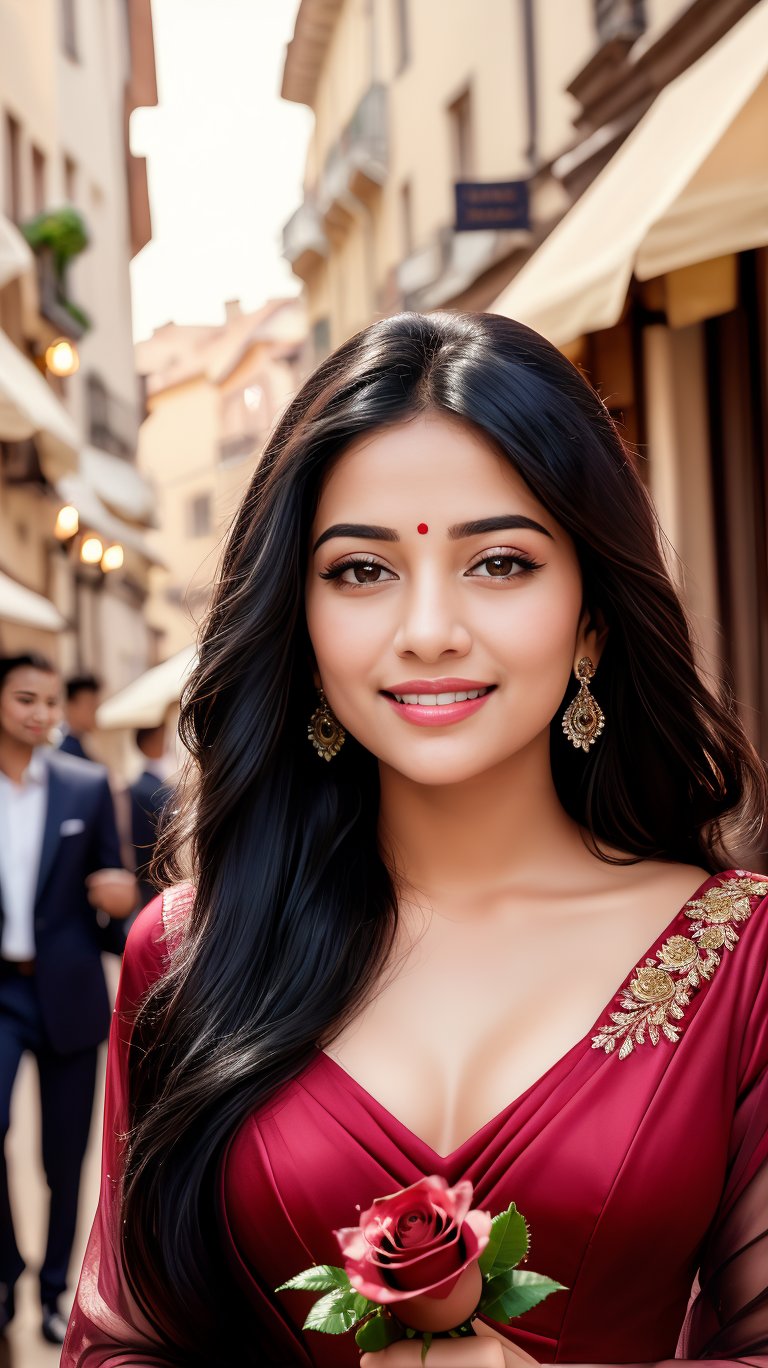 In a nostalgic European street setting, bathed in soft, warm light with a subtle lens filter, a stunning Indian beauty, reminiscent of iconic actresses Madhubala and Vyjayanthimala, breaks into a radiant smile. Her long, shiny black locks cascade down her back like a waterfall of night. Her eyes sparkle with joy, shining at the notion of being asked to be someone's Valentine. She holds a rose in her hand, still reeling from a romantic date. Framed by a retro-style composition, this 25-year-old beauty exudes happiness and love, radiating an atmosphere of tender vulnerability.