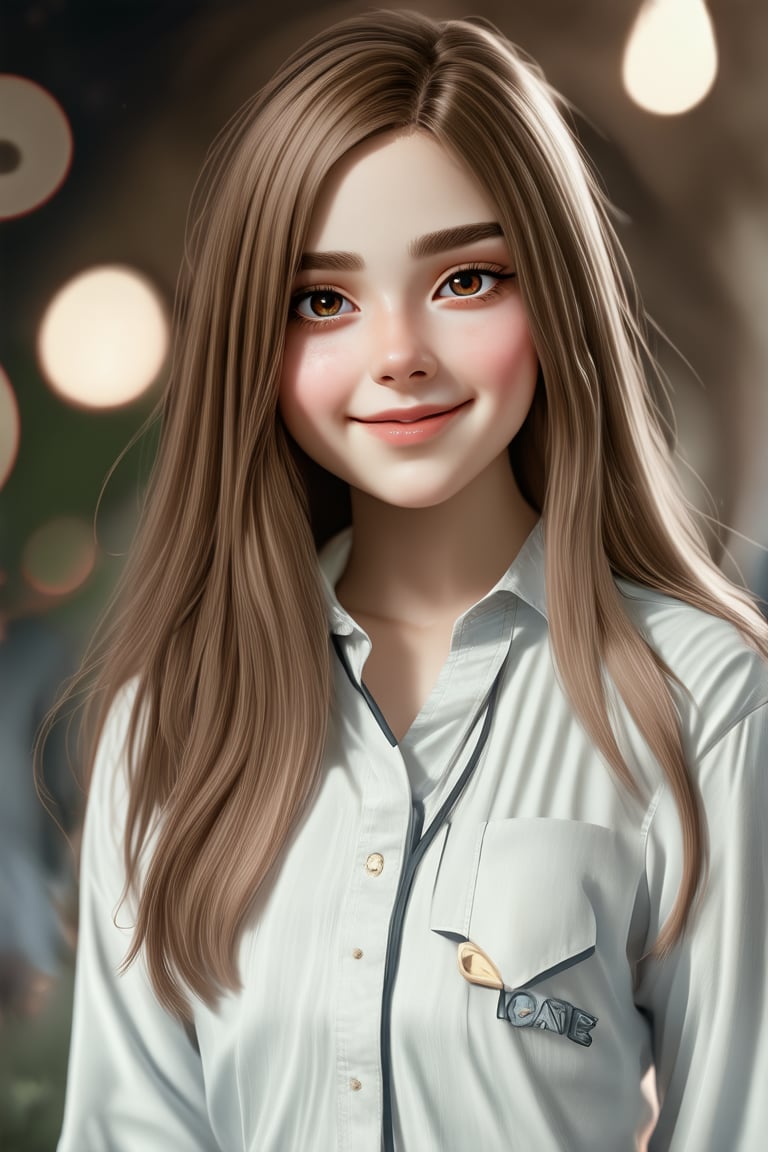 1girl, solo, long hair, looking at viewer, smile, brown hair, shirt, brown eyes, upper body, lips, realistic