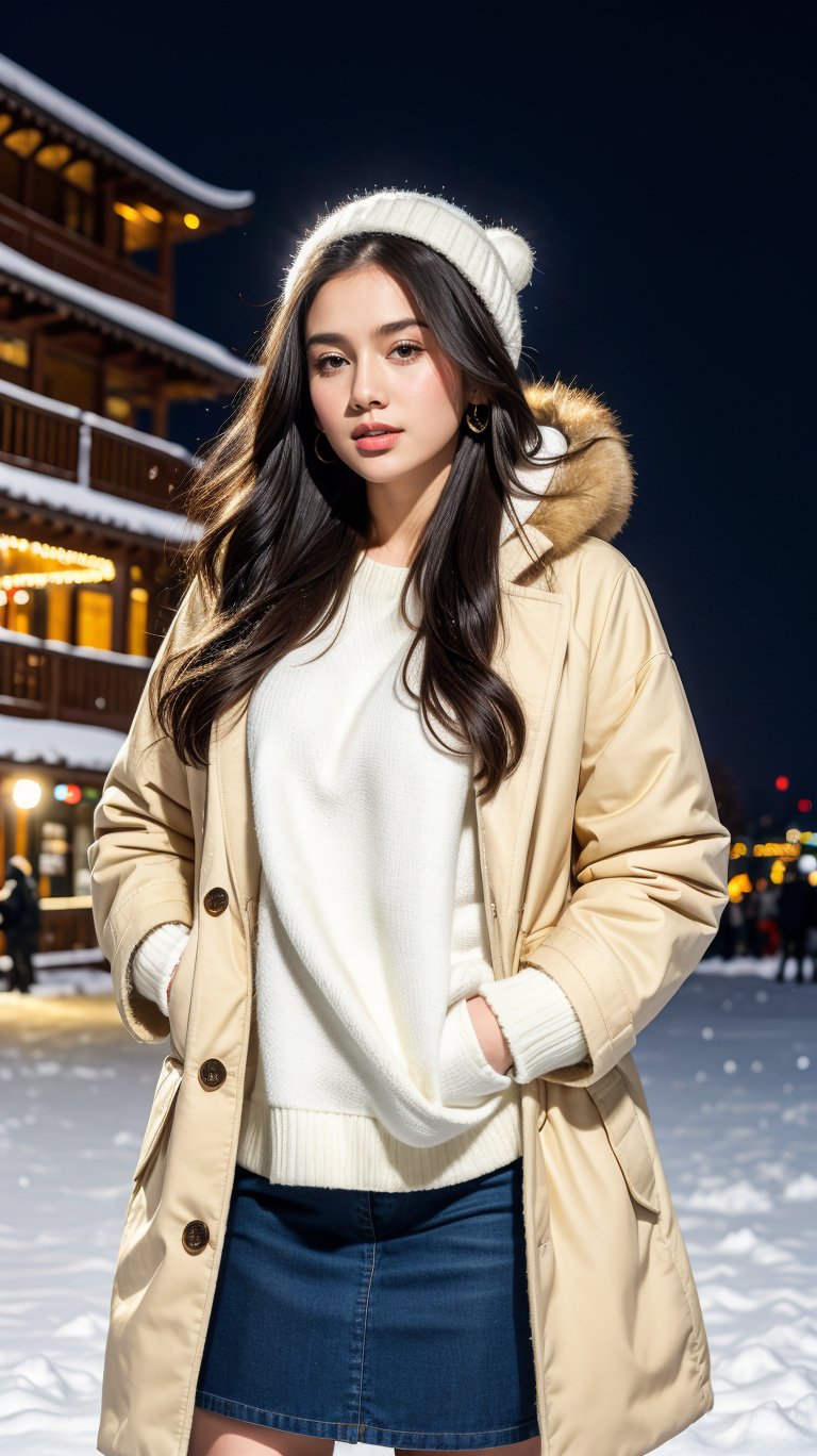 cute girl, long hair, fashion winter coat, big coat, Wear a coat over a hoodie, standing looking up snow is falling, winter night city, snowing, 4K, ultra HD, RAW photo, realistic, masterpiece, best quality, beautiful skin, white skin, 50mm, medium shot, outdoor, half body, photography, Portrait, ,chinatsumura, high fashion, snowflakes, dynamic light, warm lights, christmas lights, festival atmosphere