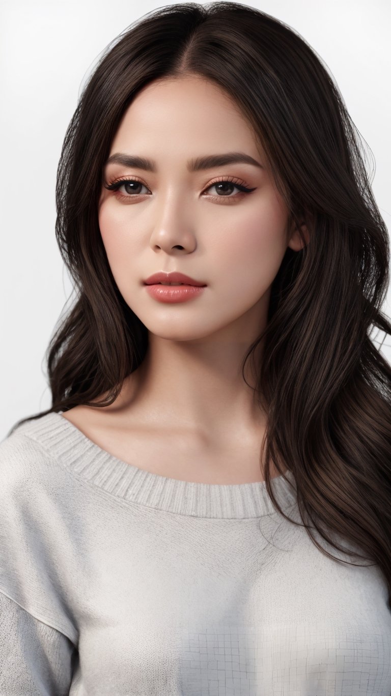 raytracing, absurdres, ultra detailed, 8k raw,
1girl,eyes,nose,lips,
sweater,white background,