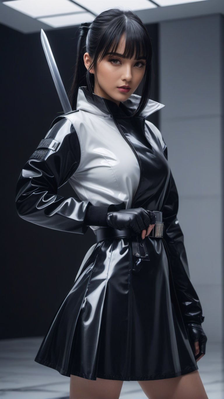 white marble background with reflections, woman holding a sword with her right hand, the sword passes behind the woman, left hand extended with the palm open, she is wearing a latex raincoat, half white, half black, cinched with a black and white belt, latex stockings up to mid-thigh, skirt opening, trench coat with short sleeves and wearing apretados latex gloves all over her arm. straight hairstyle black hair with bangs, , , , , ,xuer ai yazawa style girl,techwear jacket,black gloves,tactical ve,Samurai girl, , , ( lighting, dim lighting:1.2), simple background, LIGHT background, ,jisoo, , , 
