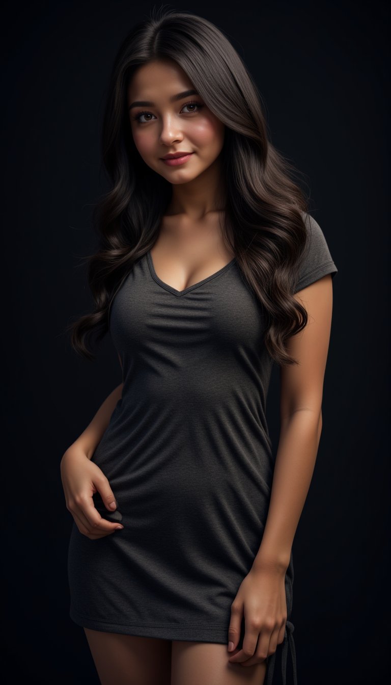 a young woman with long dark brown hair, beautiful young woman wearing casual dress, dark background, perfect lighting