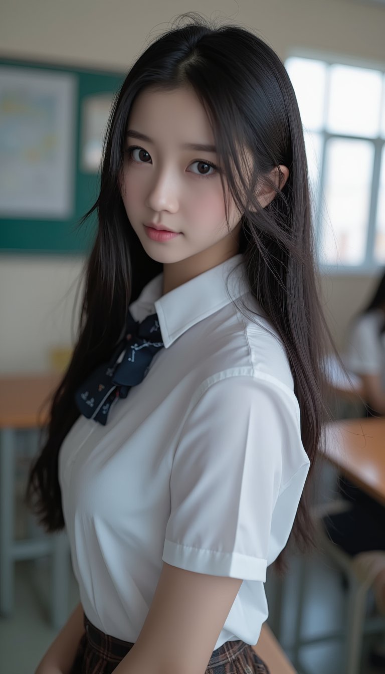 Close-up shot of an ultra-realistic schoolgirl standing confidently in a cluttered classroom setting. Her raven-black hair flows down her back like a waterfall, with individual strands framing her heart-shaped face. Her innocent eyes sparkle directly at the viewer, as she wears a crisp white blouse and a textured miniskirt. The camera captures the delicate folds of her school uniform and the subtle texture of her clothing, showcasing the highest level of detail in every aspect of this stunning portrait. school uniform