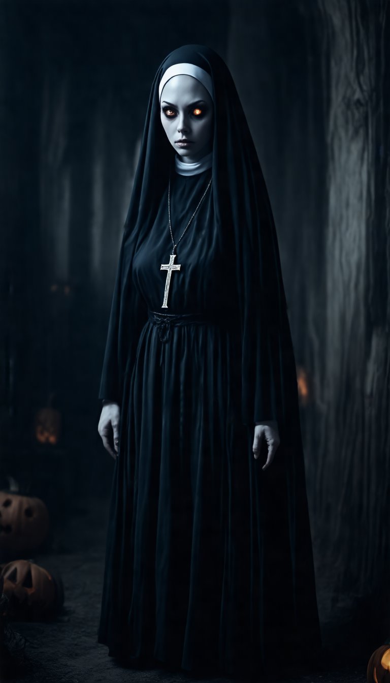 A hauntingly eerie scene: a beautiful nun, clad in a traditional nun's habit, stands ominously against a dark, foreboding backdrop. The dim lighting casts an unsettling glow on her solemn face and the folds of her black robe. Her eyes gleam with a wicked intensity as she surveys the surroundings, surrounded by an aura of Halloween mystique.,veil,black dress,cross neclace