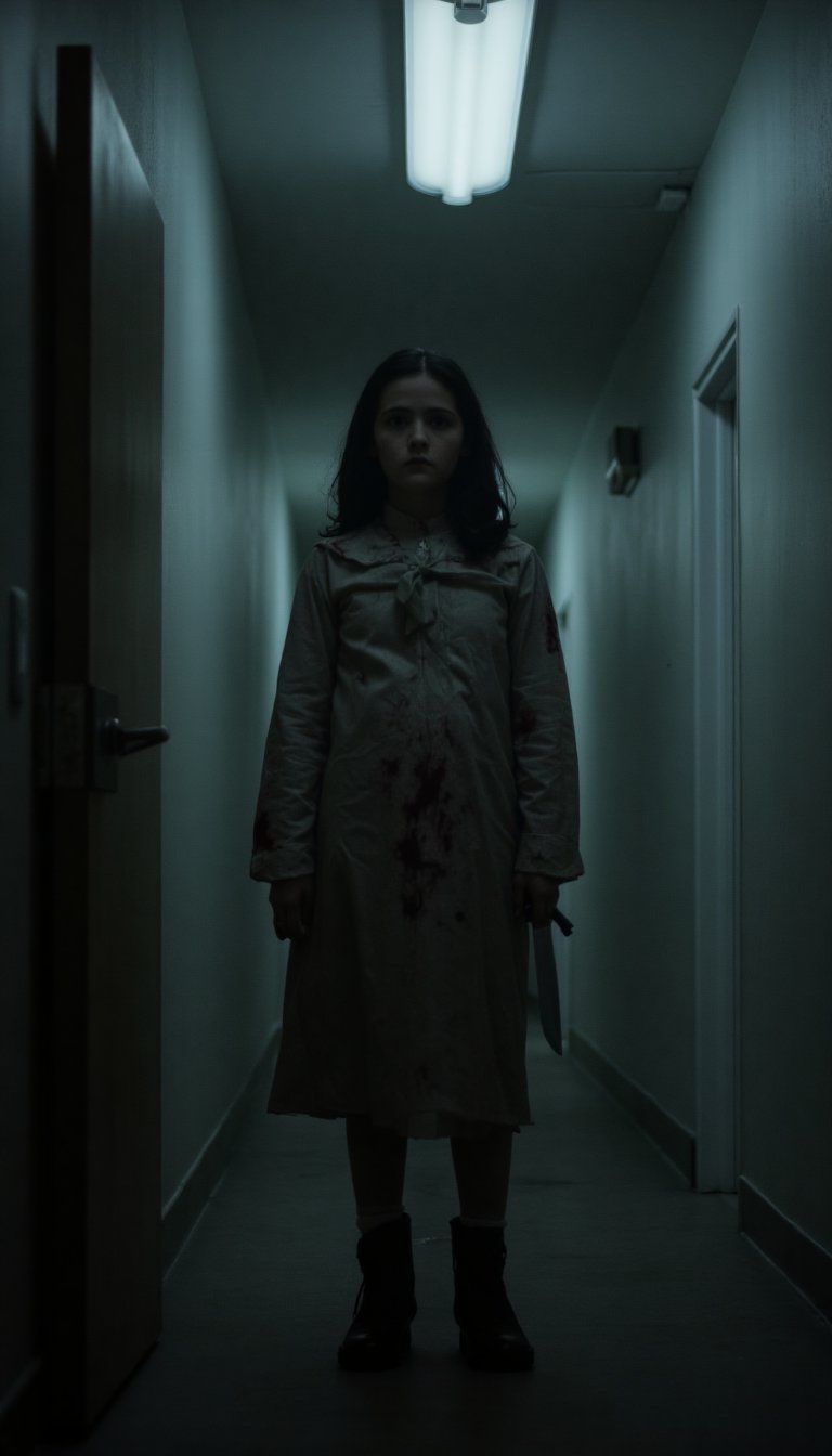 Esther Orphan: A haunting shot of a young woman, Esther, stands alone in a dimly lit corridor. Her eyes are wide with fear as she clutches a knife tightly in her hand. Bloodstains mar her clothing, telling the tale of a tumultuous past. The framing captures her vulnerability, with the camera positioned low to emphasize her petite stature. Flickering fluorescent lights cast eerie shadows on the walls, further heightening the sense of unease. Esther's pose conveys a mix of fear and determination as she faces an unknown terror head-on.,esth3r