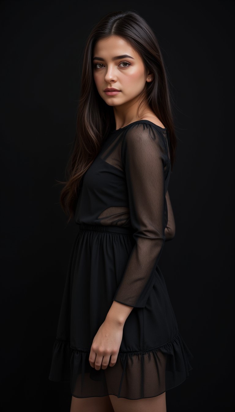 a young woman with long dark brown hair, beautiful young woman wearing sheer dress, dark background, perfect lighting