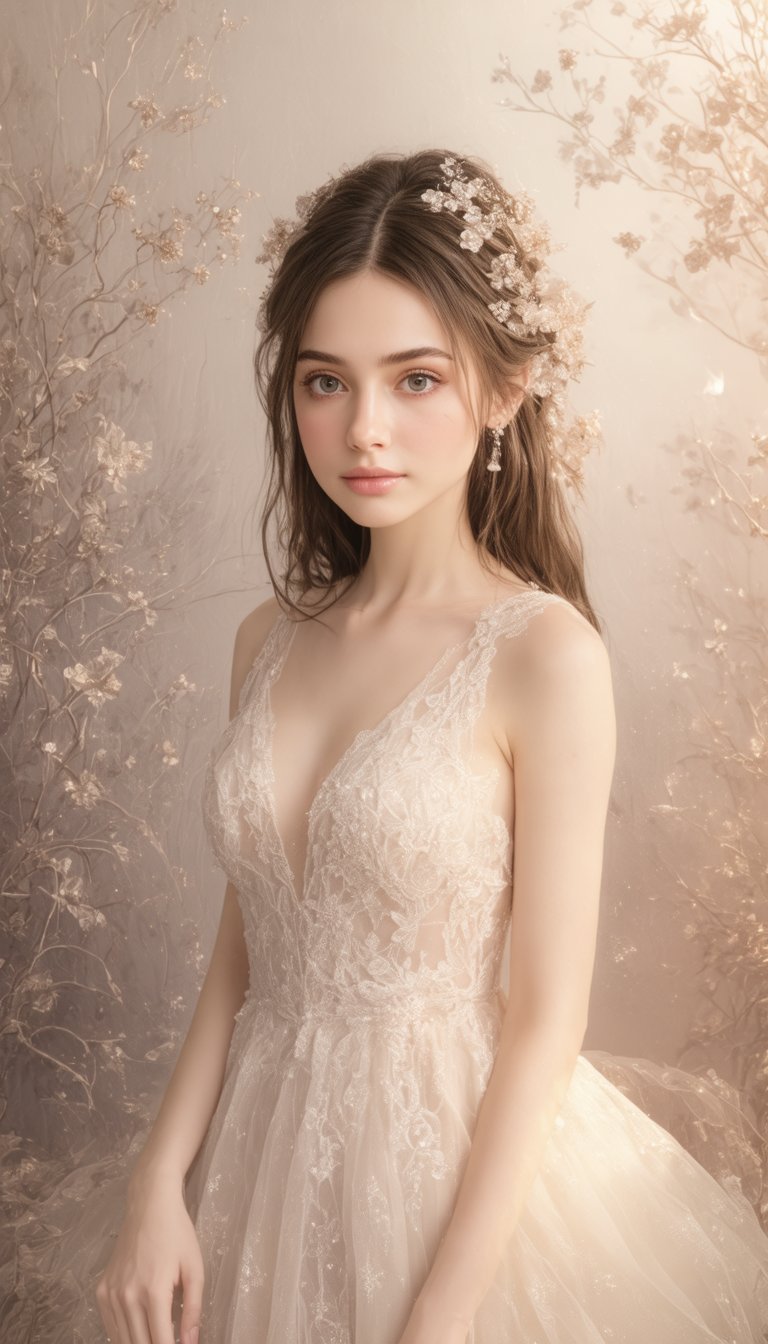 A stunning 8K UHD photograph of a young woman in a breathtaking lace dress, posed against a subtle gradient background with intricate zentangle patterns and delicate flower effects. Soft, iridescent lighting casts a warm glow on the subject's porcelain skin, while cinematic shadows accentuate her features. Professional photography equipment captures every detail, from the delicate lace trim to the soft folds of fabric, in razor-sharp focus. A realistic LUT enhances the natural colors, while a touch of art nouveau flair adds whimsical charm to the overall aesthetic.