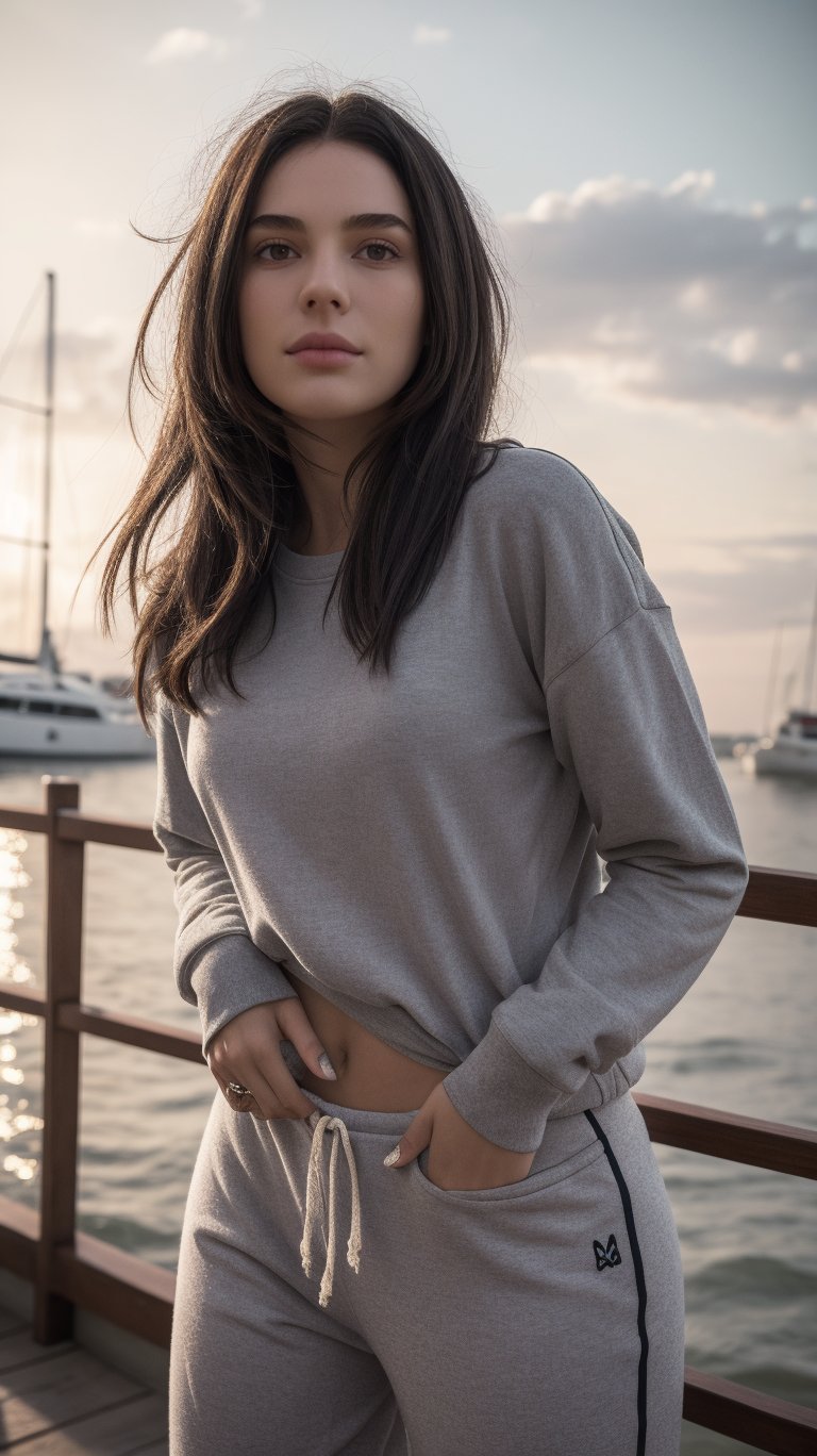 a expressive woman,Blunt bob,Brunette,Athleisure Comfy sweatpants in a soft grey fleece material.,claw pose,,Calm sky with sailboats on the horizon,Middle Ages,Grunge style Textured distressed vintage edgy punk rock vibe dirty noisy,style by Misha Gordin,bokeh professional 4k highly detailed,Fujichrome Provia 100F,split lighting