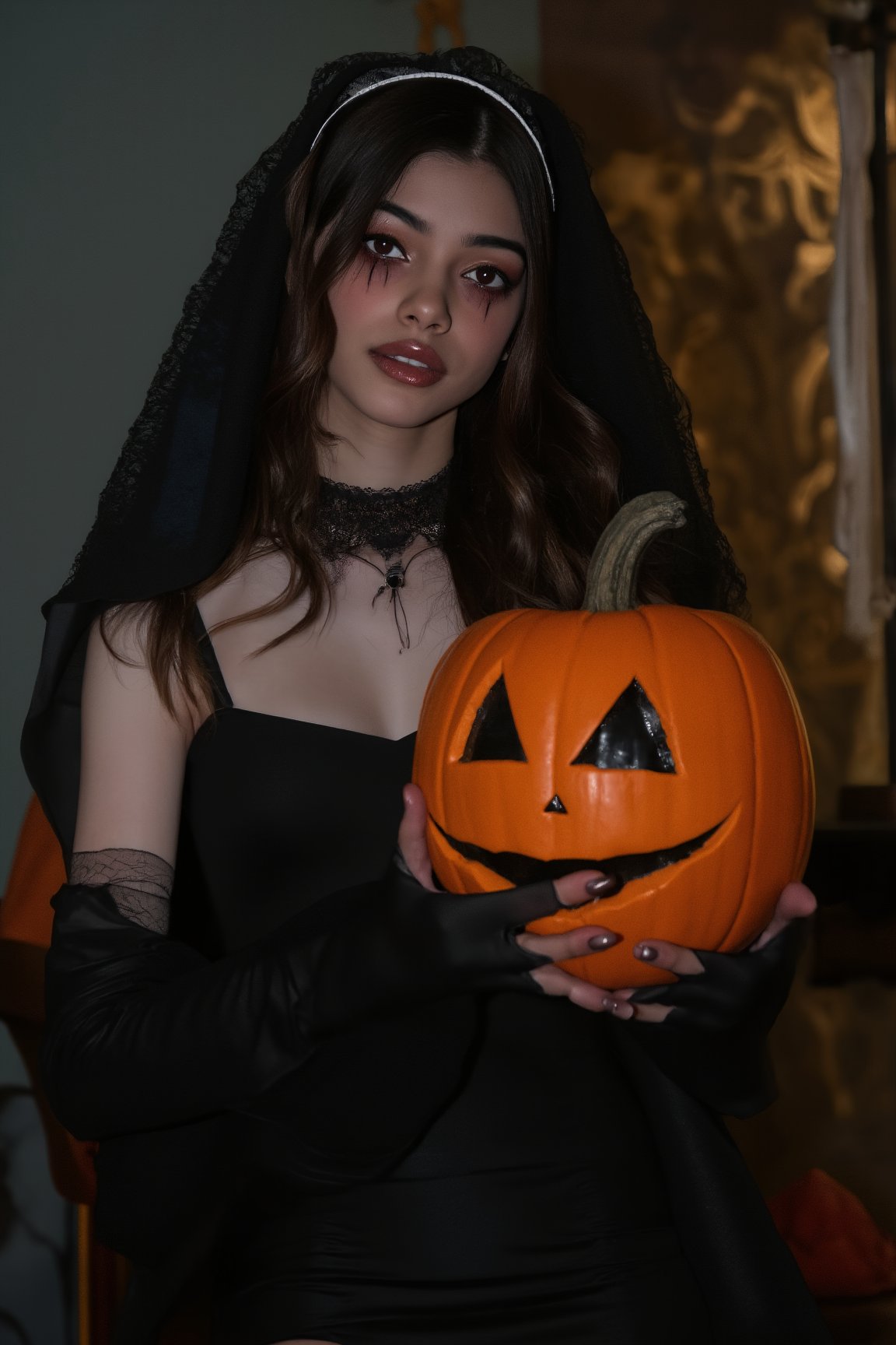 a young woman with long dark brown hair, beautiful young woman wearing nun dress and scary make-up, in a creepy dark room with dim light holding jack-o-lantern,veil,black dress,cross neclace