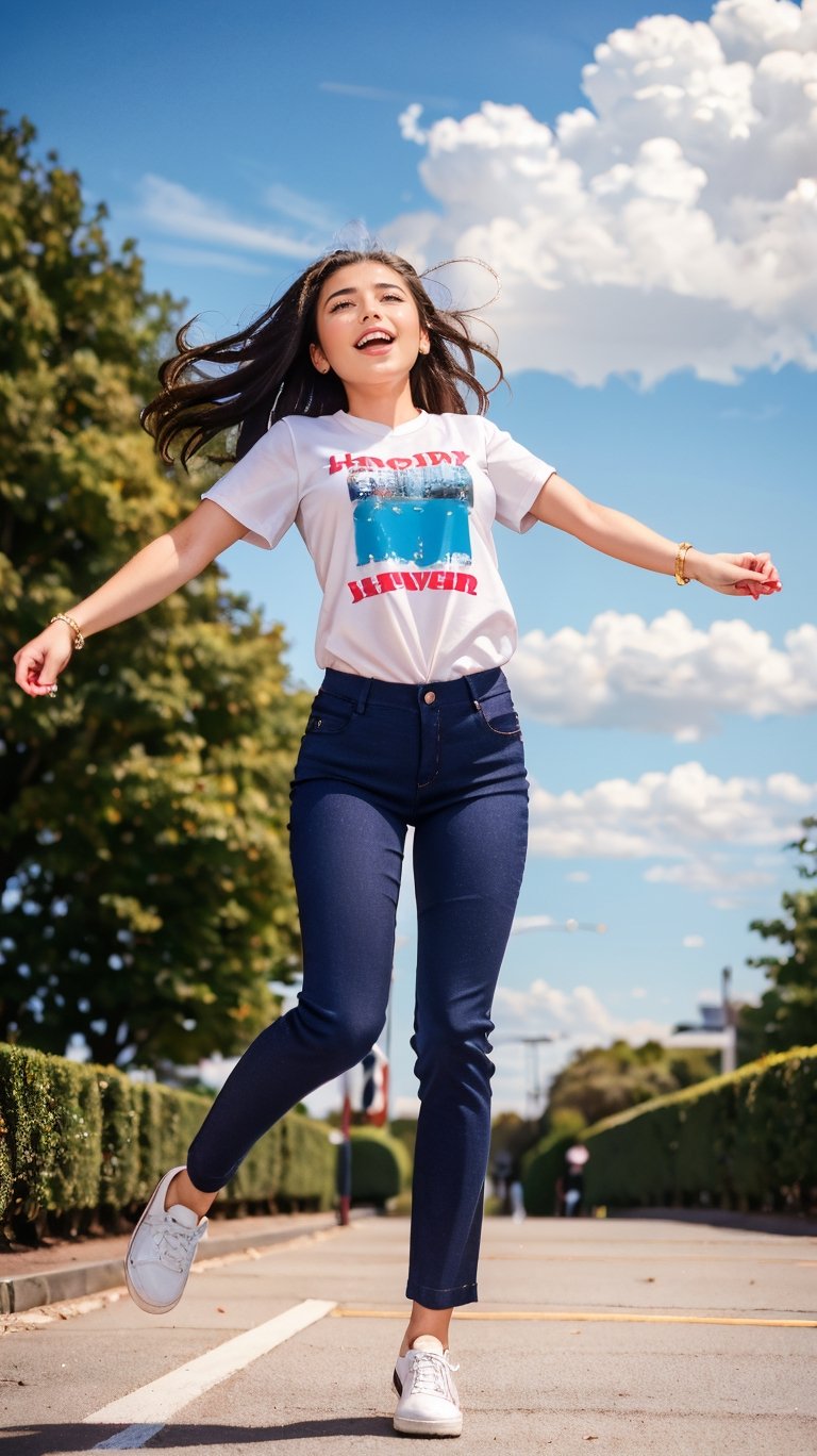 full body,from below,photo of a 18 year old girl,diving from the sky,happy,laughing,shirt,pants,shoes,windy,blue sky,white cloud,ray tracing,detail shadow,shot on Fujifilm X-T4,85mm f1.2,sharp focus,depth of field,blurry background,bokeh,motion blur,