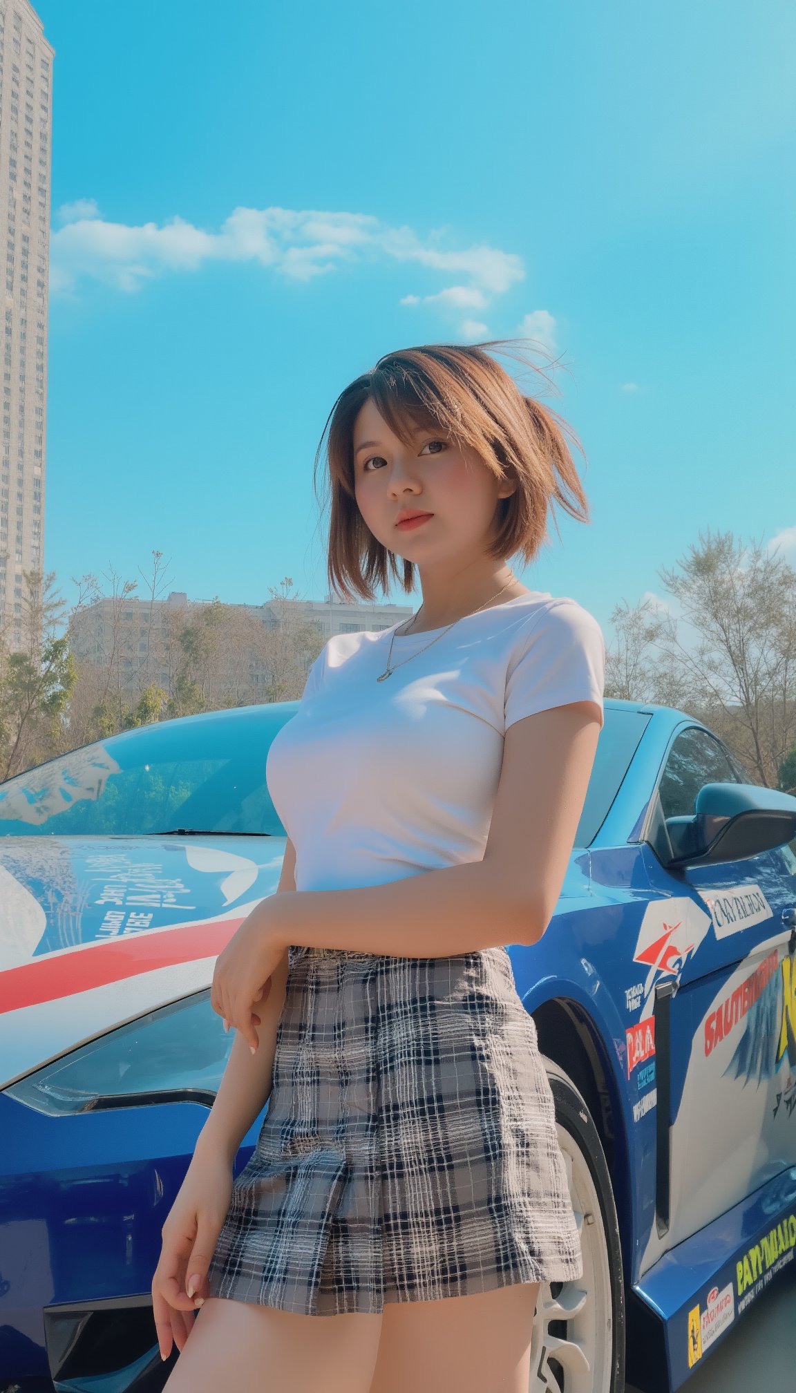 Captured at eye-level on a vibrant day, a young Asian woman, dressed in a short-sleeved white t-shirt and a plaid mini-skirt, is standing in front of a blue, white, and red car. The car's logo, "DAYTONA", is prominently displayed on the side of the car, along with the words "FASTRON" and "FORTUNE" in bold black letters. The woman's hair is pulled back in a ponytail, adding a pop of color to the scene. The backdrop, a backdrop of tall buildings, a clear blue sky, is dotted with a few wispy clouds.