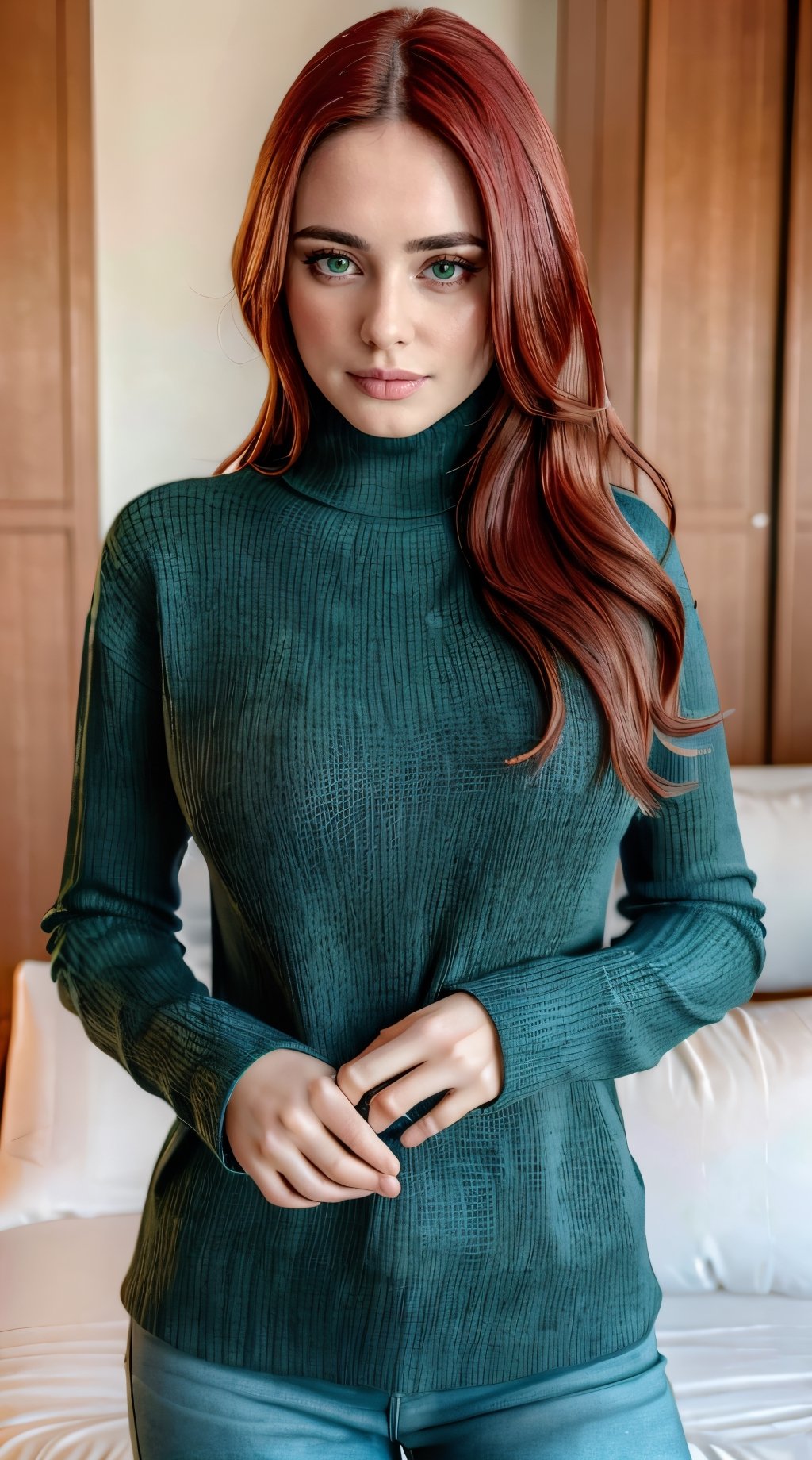 ((masterpiece, best quality, absurdres, highres, high quality, 8k raw)), beautiful red hair woman, ((30 years old)), long flowing hair, green turtleneck sweater, sfw