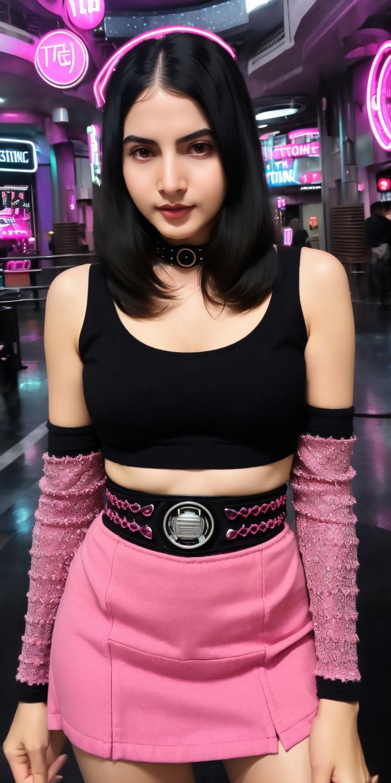 (Ultra-detailed eyes), (((textile shading))), (((Best Quality))), (((masutepiece))), (((Ultra-detailed CG))), sassy girl, (((magical ))), (tiny chest), black hair, black hair, black hair, black hair, chic hairstyle, ((messy hair without bangs, gorgeous hair)), Pink eyes, (((retro futuristic Outfits))), ((spooky punk a pose)), (((Game CG))) (gorgeous, sassy, it girl), fancy jewelry, in front of theater building with an electronic neon sign, strong night atmosphere, strong retro atmosphere, cowboy shot, midshot, centered image, eye on camera, grey and pink leather jacket, Monogram Spaghetti Tank Top, Cargo-pocket Mini Skirt, elegant color