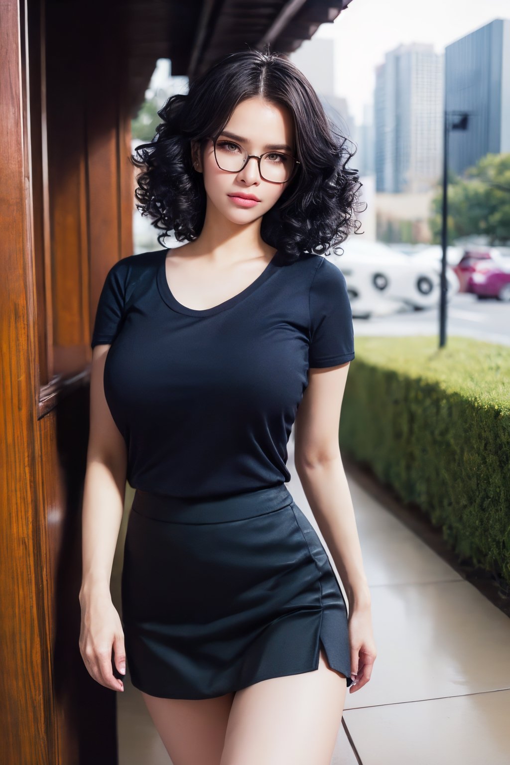 1girl,(curly hair:1.5),office_lady, (nerdy,bookworm,nerd school shirt, nerd short skirt, old school, glasses:1.5),,day,looking at viewer,outdoors,short sleeves,standing,best quality,masterpiece,illustration,an extremely delicate and beautiful,CG,unity,8k wallpaper,building,city,office,Amazing,finely detail,masterpiece,official art,extremely detailed CG unity 8k wallpaper,incredibly absurdres,huge filesize,ultra-detailed,highres,extremely detailed,beautiful detailed girl,realistic