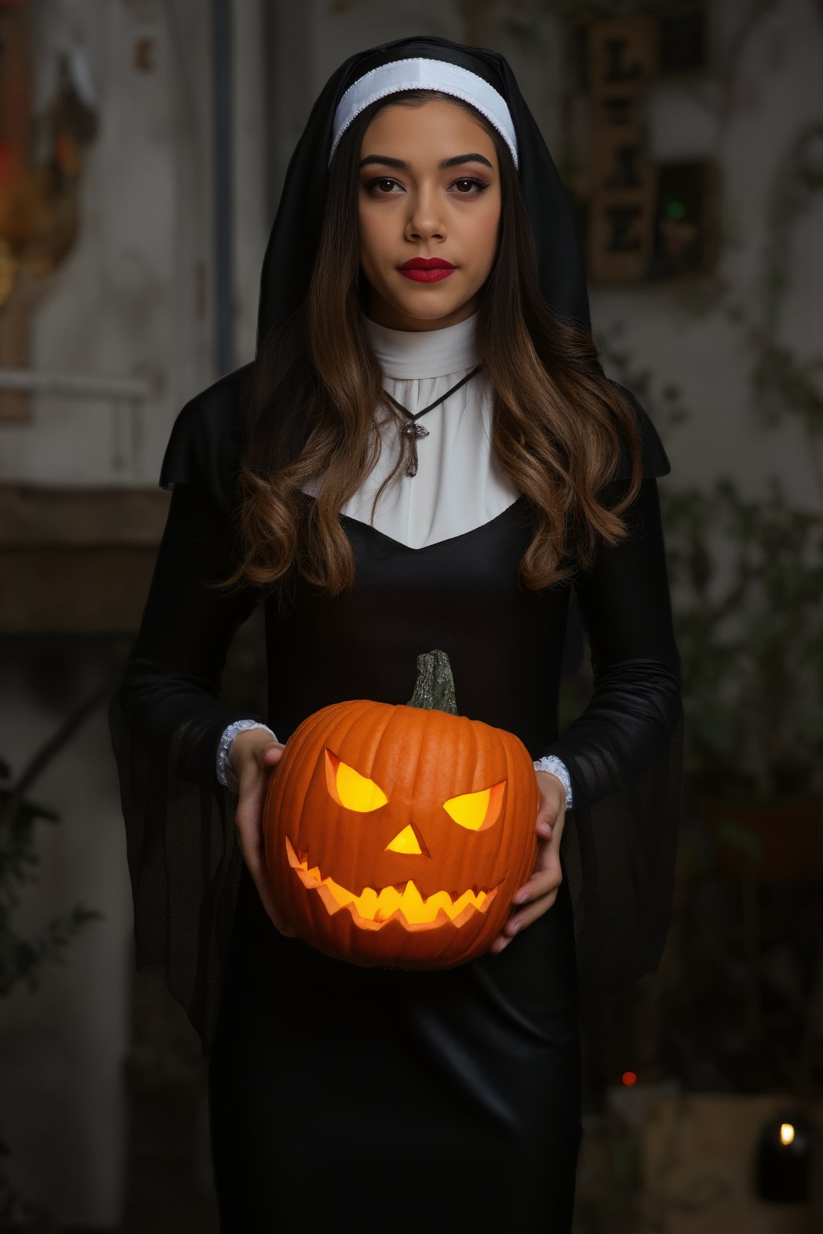 a young woman with long dark brown hair, beautiful young woman wearing nun dress, in a creepy dark room with dim light holding jack-o-lantern,veil,black dress,cross neclace