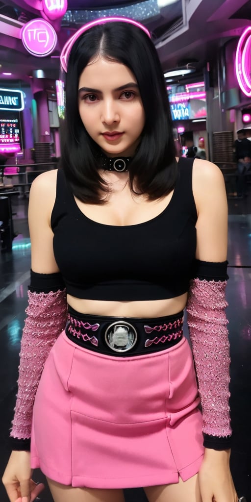 (Ultra-detailed eyes), (((textile shading))), (((Best Quality))), (((masutepiece))), (((Ultra-detailed CG))), sassy girl, (((magical ))), (tiny chest), black hair, black hair, black hair, black hair, chic hairstyle, ((messy hair without bangs, gorgeous hair)), Pink eyes, (((retro futuristic Outfits))), ((spooky punk a pose)), (((Game CG))) (gorgeous, sassy, it girl), fancy jewelry, in front of theater building with an electronic neon sign, strong night atmosphere, strong retro atmosphere, cowboy shot, midshot, centered image, eye on camera, grey and pink leather jacket, Monogram Spaghetti Tank Top, Cargo-pocket Mini Skirt, elegant color