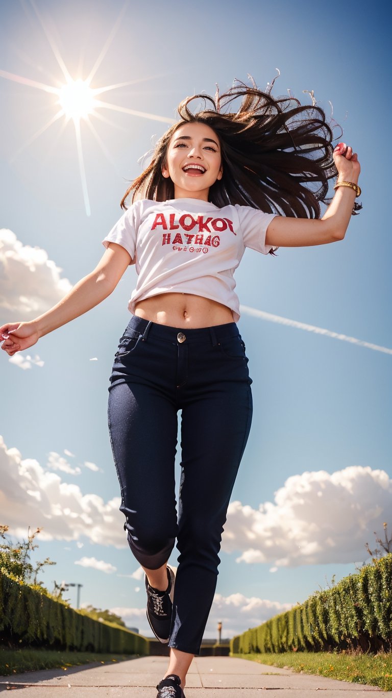 full body,from below,photo of a 18 year old girl,diving from the sky,happy,laughing,shirt,pants,shoes,windy,blue sky,white cloud,ray tracing,detail shadow,shot on Fujifilm X-T4,85mm f1.2,sharp focus,depth of field,blurry background,bokeh,motion blur,