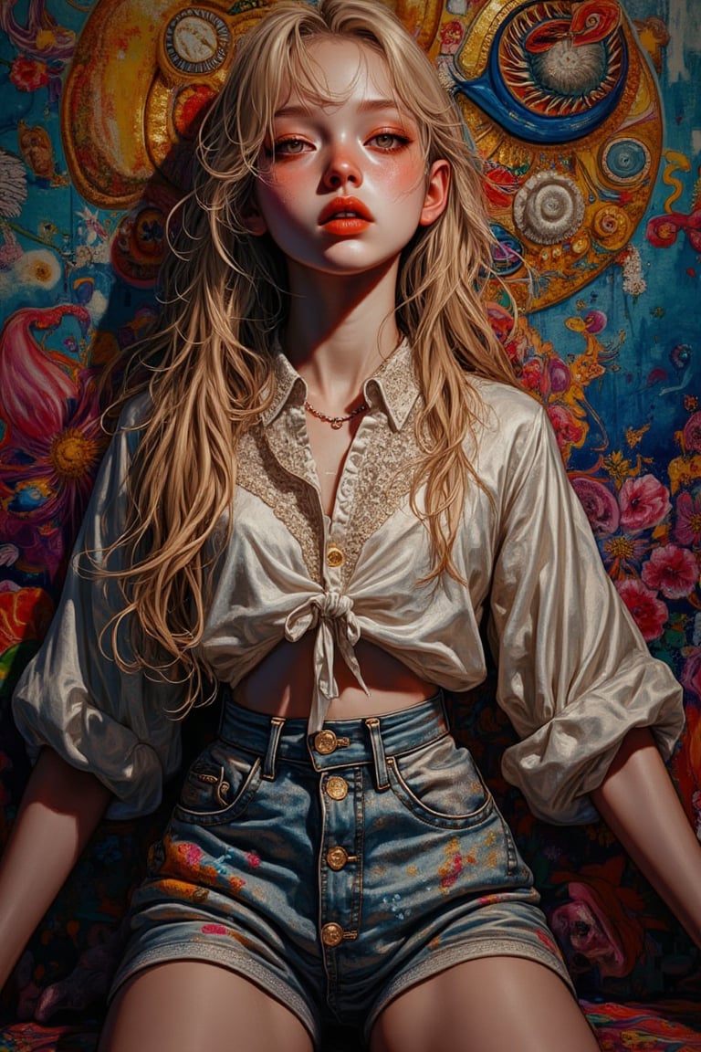 Film grain, elaborate, ultra high res, Surrealism Art, glittering, wallpaper, wearing Psychedelic and Vivid Georgian Linen High-waisted shorts, Ji-Eun, Ji-Eun is Funny, she is from the 1600's, her hair is Blonde, artstation, Primitivism, beautiful detailed, intense, original, stunning, vivid colors, extremely stylish,kawaiicolors, texture