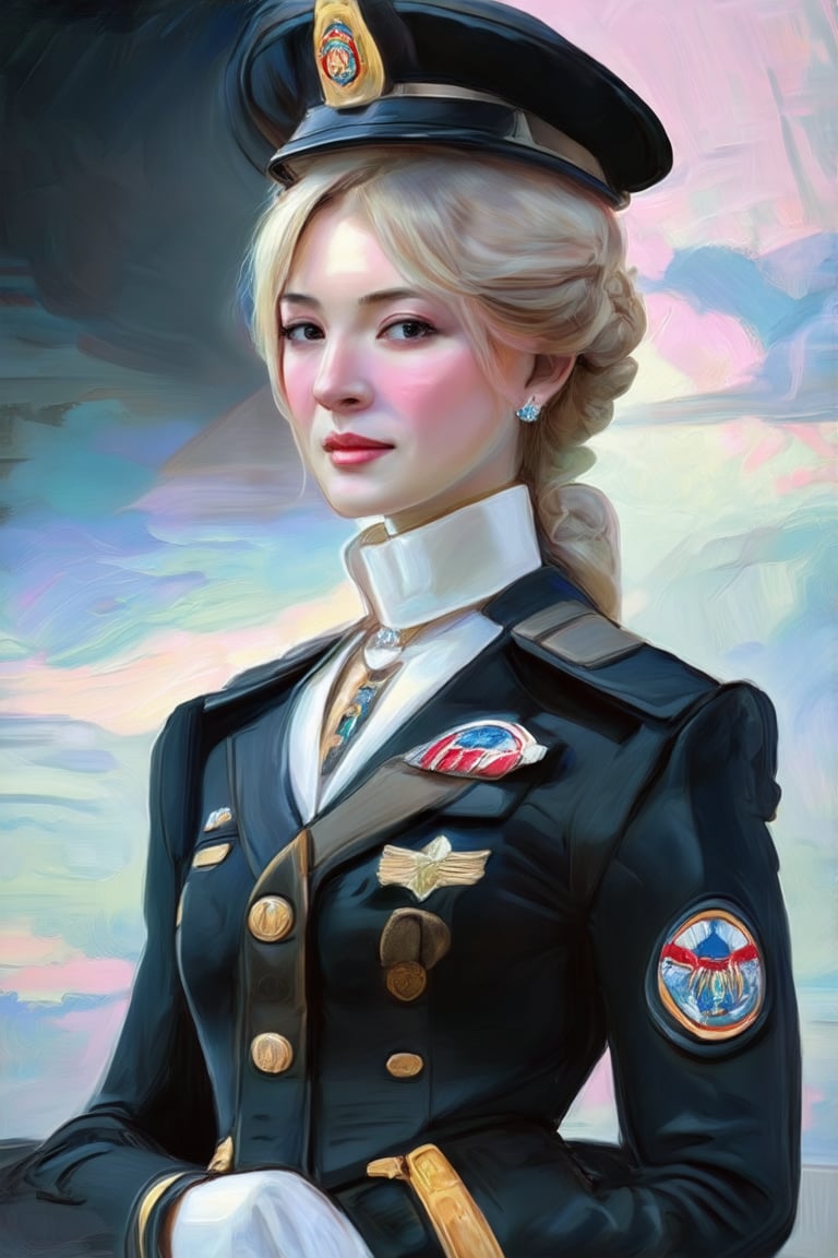 a portrait of a young hottest de l'air with stylized features. she is elegant, emotive faces. Her outfits is flight uniform. Image all are in high resolution. The background is blurred with hints of dark tones, which serve to highlight the subject without distracting and makeup.,Elite beauty,Claude Monet,pastel brushstrokes,Coquette aesthetic