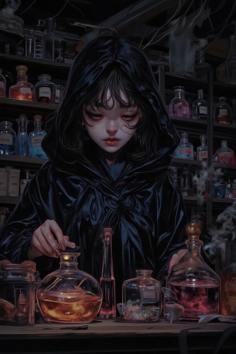 A scene in which a girl with black hair is dressed in a robe and is preparing a potion. A dark room should be visible in the background. In addition, there are various potions on the shelves.,Manga style illustration,1990s