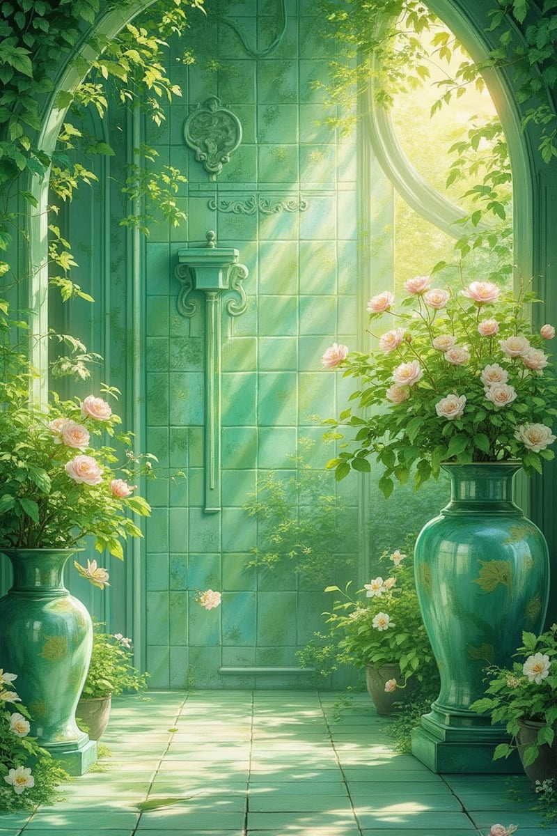Vibrant hues of emerald greenery engulf a serene background where delicate ceramic tiles and porcelain vases entwine amids...