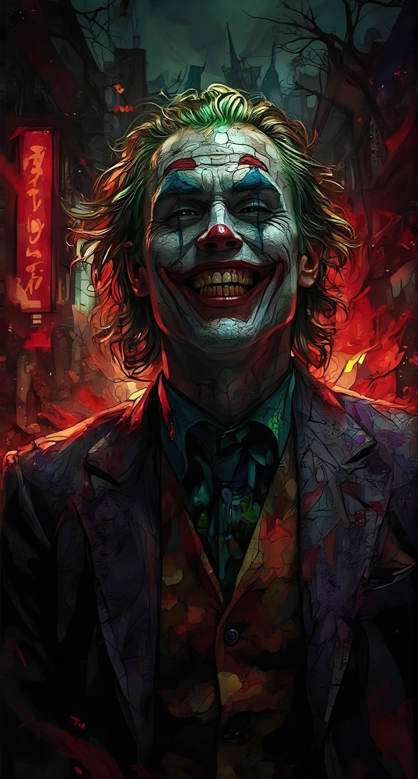 A haunting full-body shot of the Joker's twisted grin, seething with maniacal intensity against a dark and gritty urban backdrop. The camera captures every detail of his pale face, warped into a grotesque grimace, with yellow and crooked teeth. By ZloyOrk style. Abstract Lighting. His sharp, angular features seem to defy the dim lighting, which highlights his otherworldly presence amidst the crimson glow of Gotham City's night sky, as if the Joker is daring the viewer to take a peek into his twisted world.