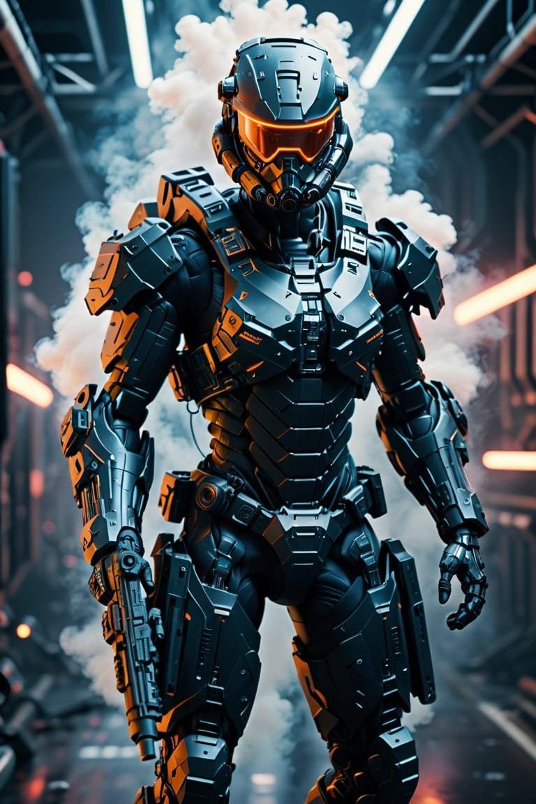 ultra Realistic cyborg swat,Wearing black Swat Armor,high futuristic cyberpunk style, vibrant colour smoke,incredibly detailed, dark, key visuals, atmospheric, highly realistic,ultra Quality ray tracing