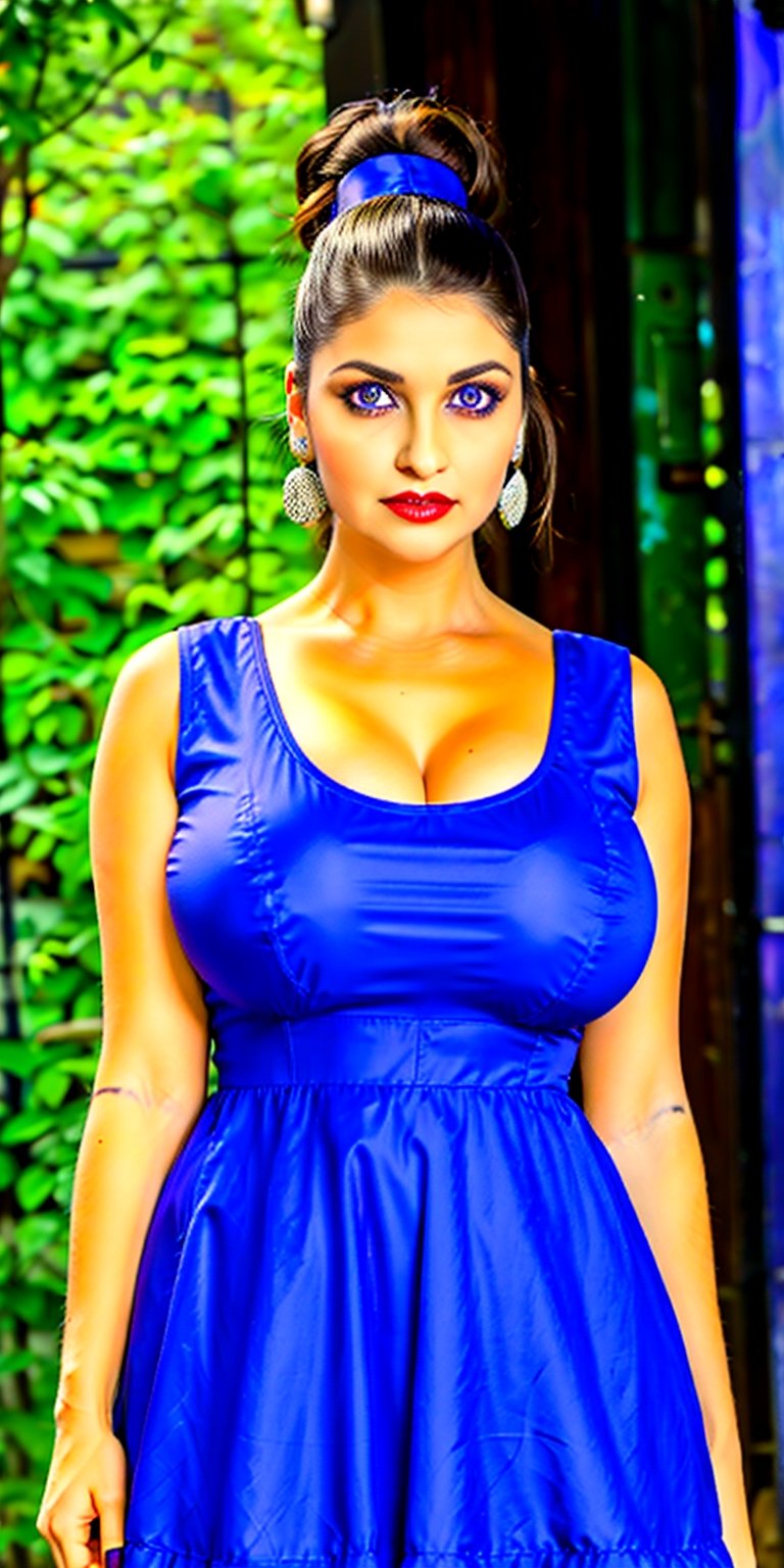 masterpiece:1.5, best quality:1.5, aesthetic, 1girl, sidelocks, cinematic lighting, sharp focus,large breasts , mature female, horny ,16k, glowing eyes, detailed 4k eyes,playground,seduction,sexy lips, parted lips,detailed lips,red lips, high detailed background,((big purple eyes)), detailed face,shiny skin,,hair bun, bangs, messy hair, dress,red dress, sleeveless dress, collarbone,nightgown ,Sun_zaca1