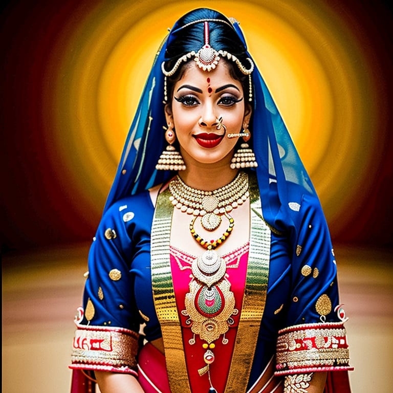 (best quality,4k,8k,highres,masterpiece:1.2),ultra-detailed,(realistic,photorealistic,photo-realistic:1.37),beautiful indian woman,close-up portrait,expressive eyes,long eyelashes,radiant smile,vibrant traditional attire,ornate jewelry,soft and glowing skin,subtle makeup,intricate henna design,graceful pose,golden hour lighting,colorful background,ethereal beauty,warm color tones,bokeh,NinaM woman