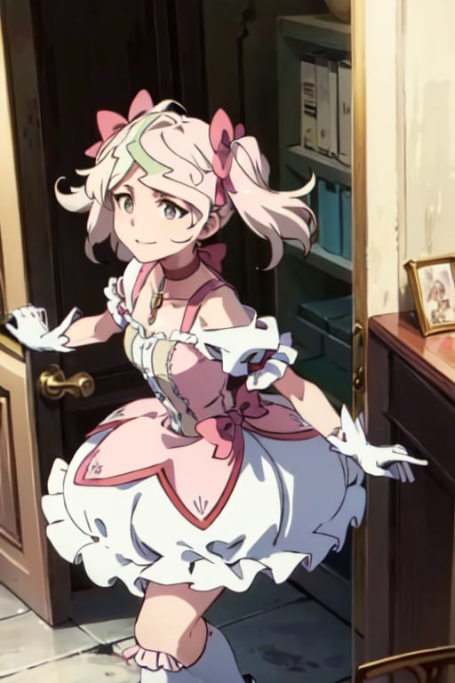 Masterpiece,best quality,ultra-detailed, cosplay, kaname madoka, magical girl, rose, bubble skirt, choker, red choker, puffy short sleeves, twintails, hair bow, pink bow,gloves, collarbone, shoes, smile, white gloves, soul gem,diana cavendish