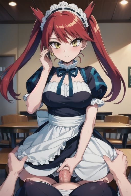 Masterpiece,best quality,ultra-detailed,vaginalpenetration,futanari pov,latias,cafeteria,red hair,twintails,yellow eyes,maid 