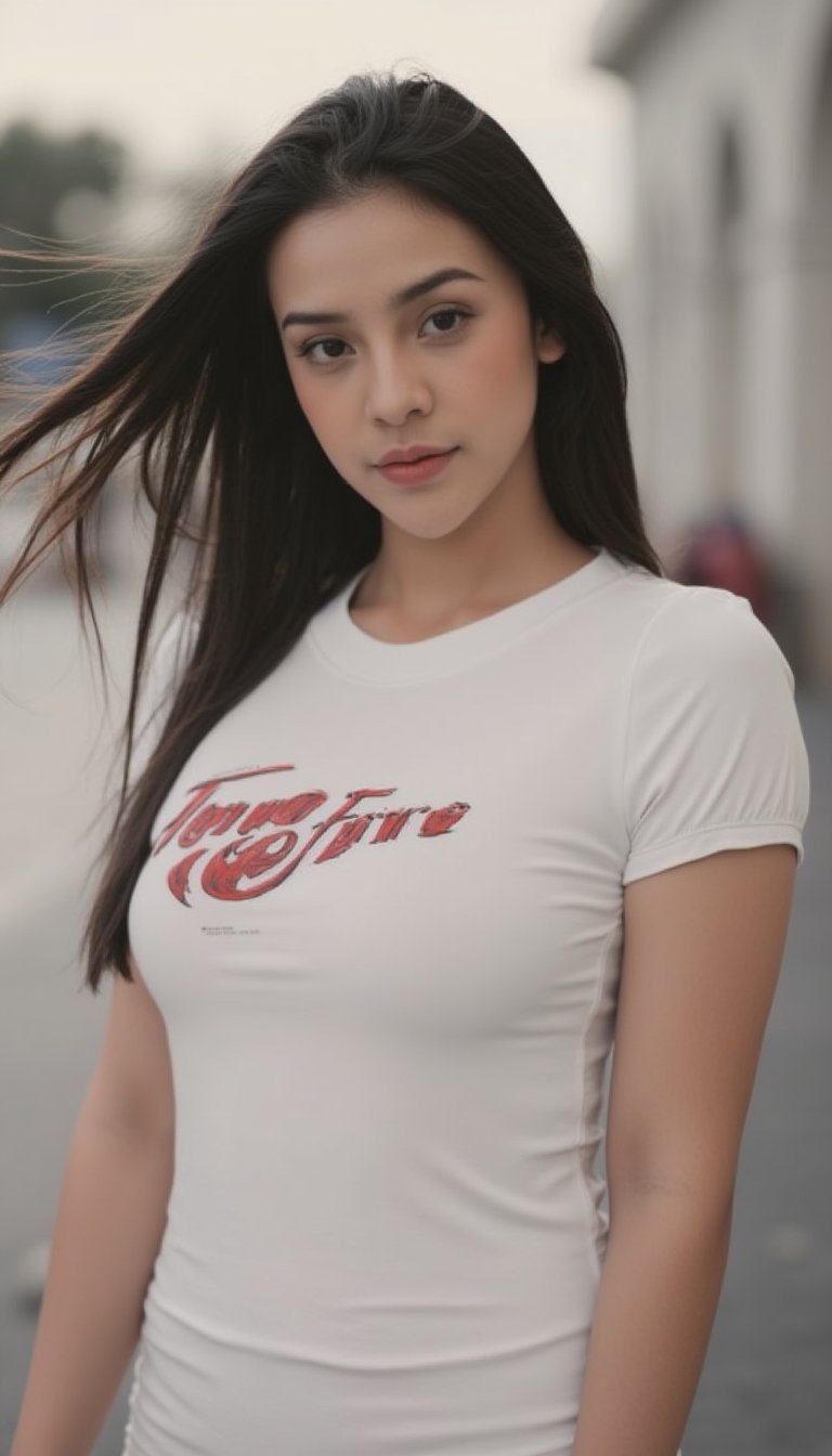 Captured at eye-level, a young woman with long dark brown hair, wearing a white fitted mini dress. The woman's shirt reads "Touch" in bold red letters, "Free" in black letters. Dynamic pose The background is blurred, with a building on the right side of the frame.